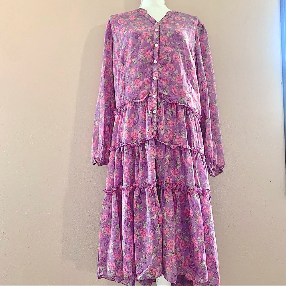 Ivy City Co Lydia Purple Pink Green Floral Long Sleeve Tiered Ruffled Dress